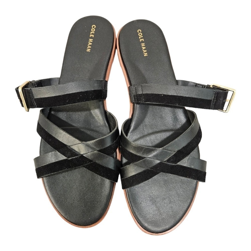 Cole Haan Womens Black Leather Suede Sandals 10.5 Strappy Buckle Flat Casual - Picture 5 of 8